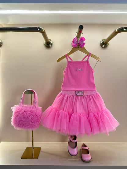 Conjunto Infantil Blusa Light Cristais Barbie e Saia Babados Patche Barbie Rosa Ópera - Pituchinhus