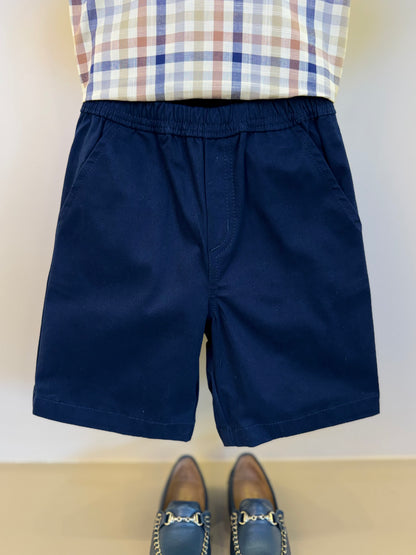 Conjunto Infantil Camisa Gola Padre Xadrez Fio Tinto e Bermuda Sarja Marinho - Um Mais Um