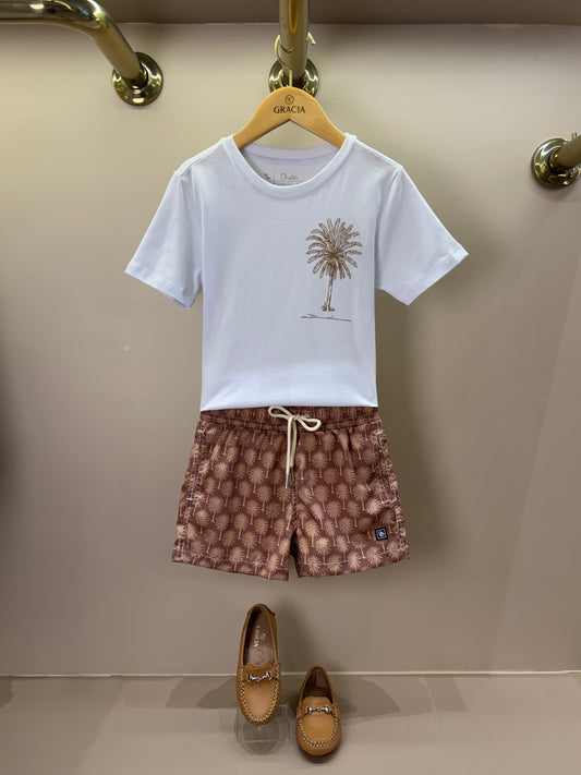 Conjunto Infantil Camiseta Branca e Shorts Coqueiros Bege - Dudes