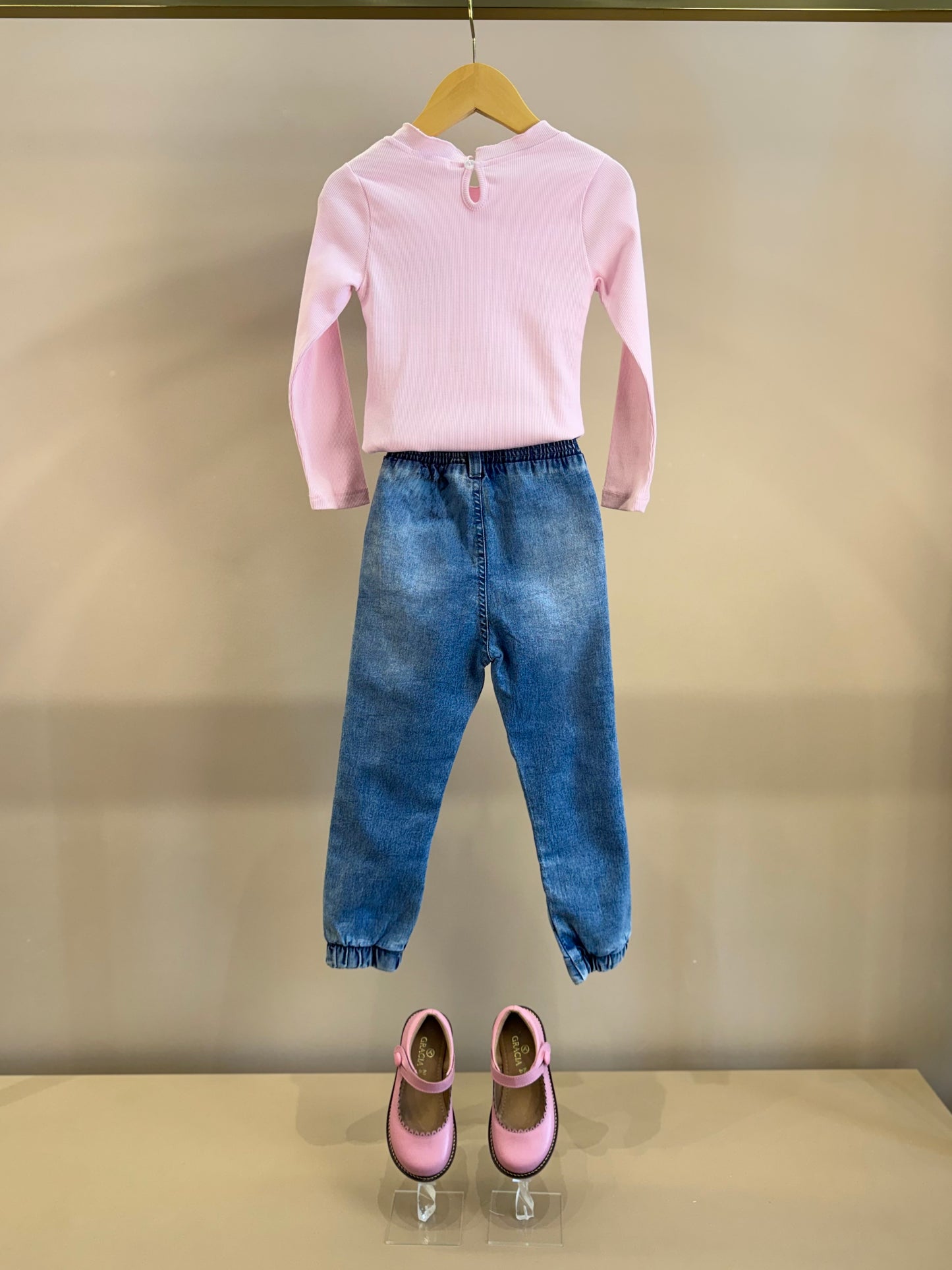 Conjunto Infantil Blusa Rosa ML e Calça Jogger Ursinhos Pompom Jeans - Gabriela Aquarela