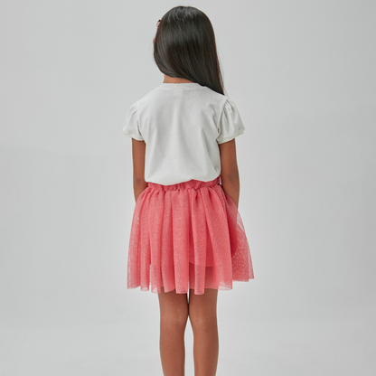 Conjunto Infantil Blusa Algodão e Saia Tule Coral - Beabá PRÉ-VENDA