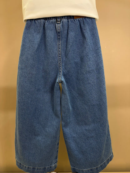 Conjunto Infantil Blusa Lenço Estampado Amarrado Na Gola e Calça Jeans Wide Leg Cós Alto Com Elástico - Momi