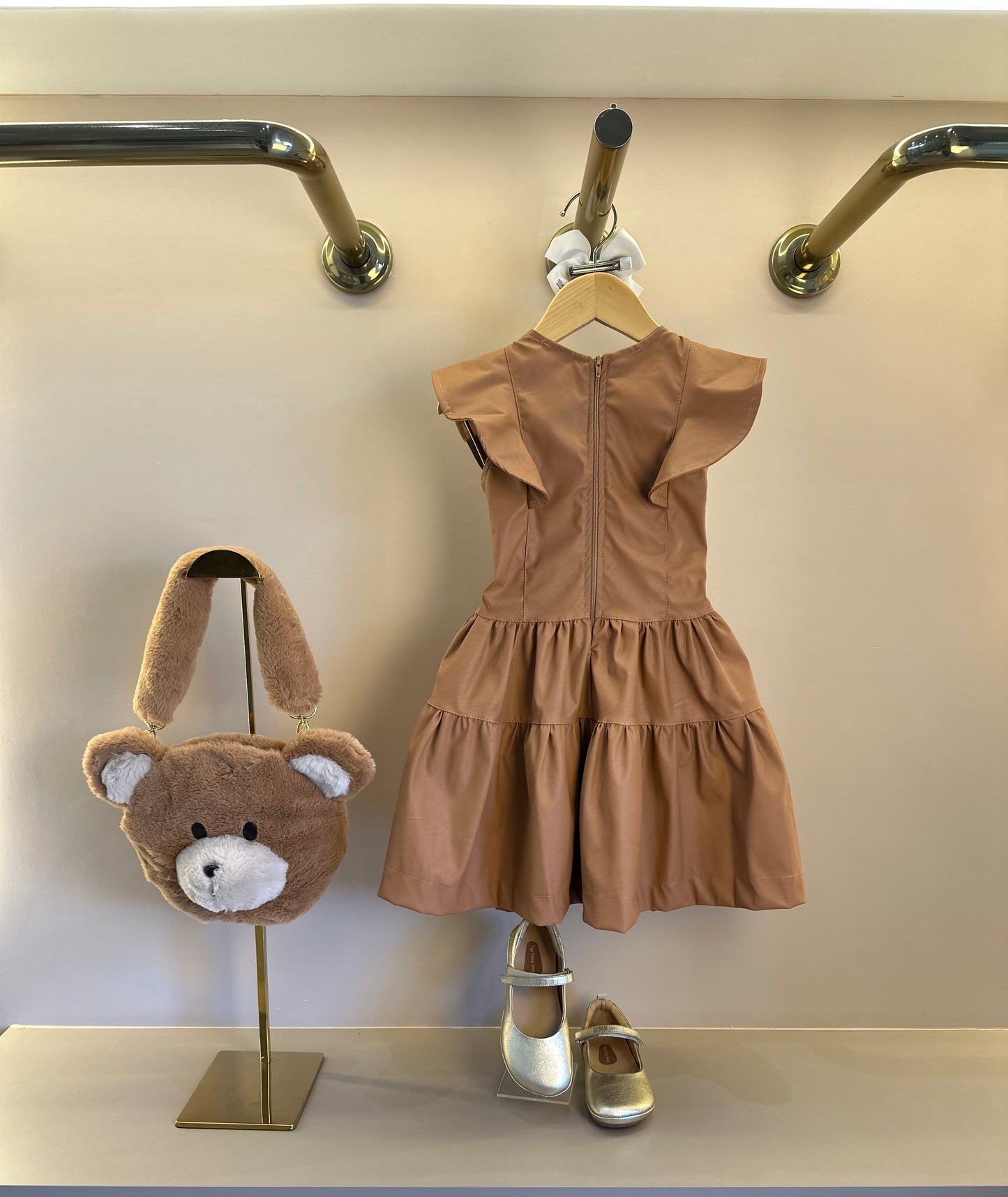 Vestido Infantil Rodado Babadinhos Couro Tech Caramelo - Luluzinha