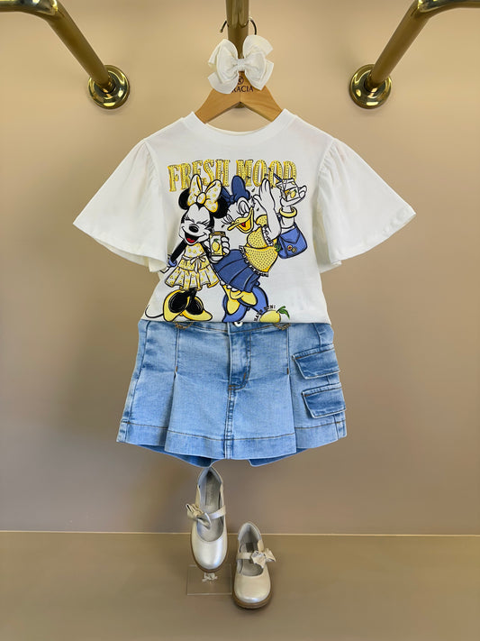 Conjunto Infantil Blusa Minnie e Daisy Limão e Shorts Saia Jeans Bolsos Laterais - Animê