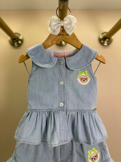 Conjunto Infantil Camisa Regata Jeans Fino Babado Patche e Short Jeans Fino Ursinha com Babado Patche - Pituchinhus