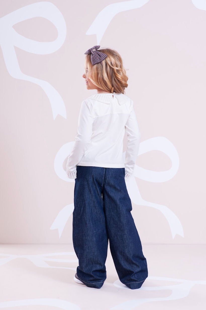Conjunto Infantil Blusa Cotton Amour Cristal Off White e Calça Jeans Reta Cristais - Pituchinhus