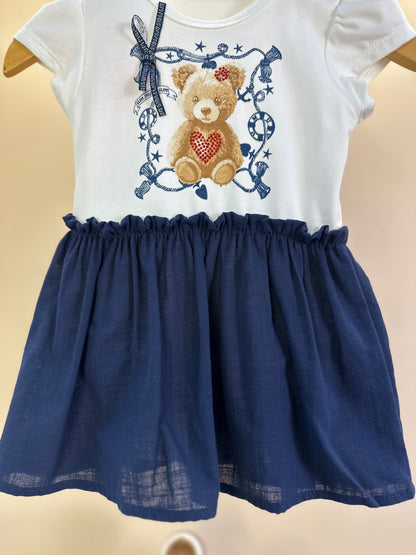Vestido-body Bebê Algodão Ursinha Saia Linho Marinho - Um Mais Um
