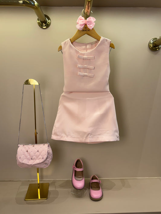 Conjunto Infantil Alfaiataria Blusa Lacinhos e Saia Salmão - Petit Cherie