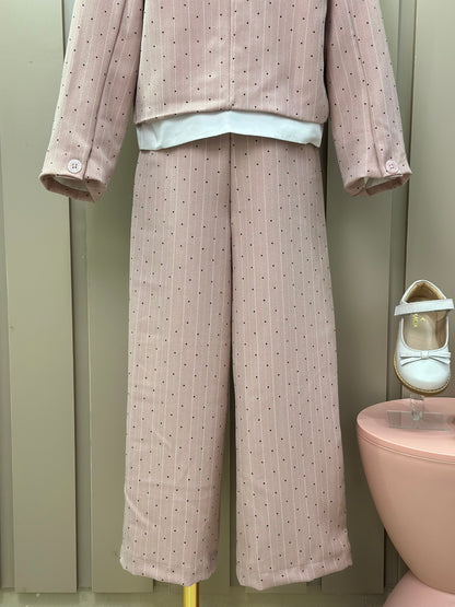 Conjunto Infantil Trio Blusa Lacinho, Casaqueto e Calça Alfaiataria Listrada Strass Rosé - Petit Cherie