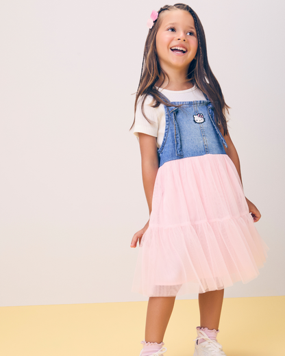 Vestido Infantil Jeans com Tule Rosa Hello Kitty - Momi