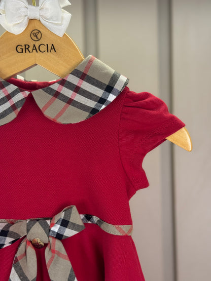 Vestido Bebê Piquet Gola Xadrez Vermelho - Um Mais Um