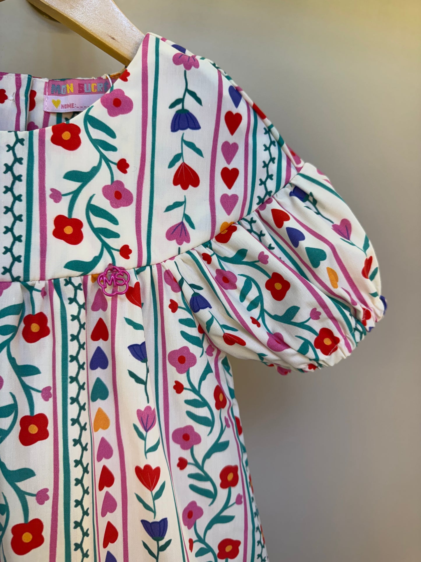 Vestido Infantil Trapézio Tricoline Flores e Corações - Mon Sucre