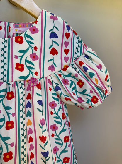Vestido Infantil Trapézio Tricoline Flores e Corações - Mon Sucre