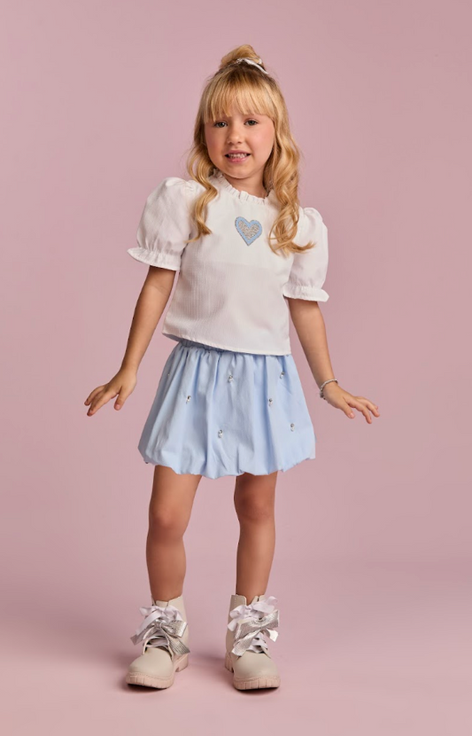 Conjunto Infantil Blusa MC com Coração Off White e Saia Bubble Azul Cristal - Gabriela Aquarela