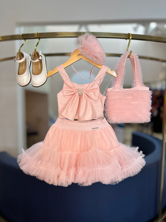 Conjunto Infantil Blusa Cropped Maxi Laço Bordado e Saia-shorts Babado Frufru Tule Rosa Baby - Pituchinhus