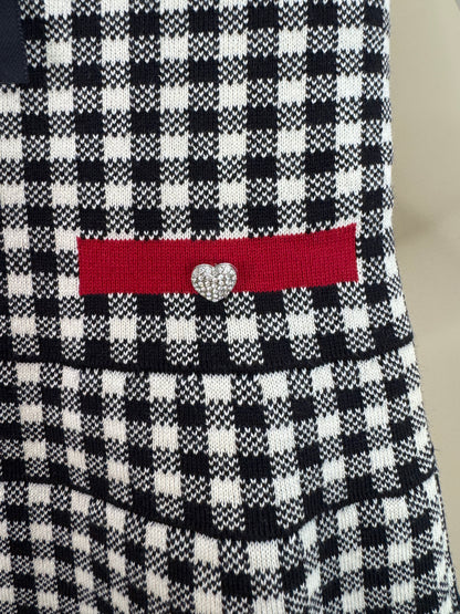 Vestido Infantil Tricot Xadrex Botão Jóia Coração Com Camisa Mini Laços Bordado Fita Veludo - Pituchinhus