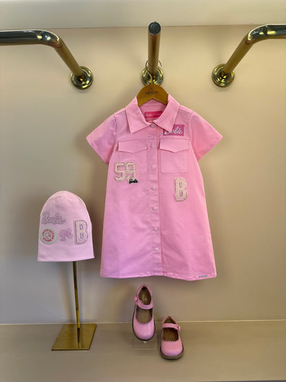 Vestido Infantil Sarja Bolsos Patches Barbie Rosa Romântico - Pituchinhus
