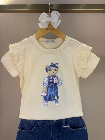 Conjunto Infantil Blusa Ursa de Lenço e Calça Jeans Wide Leg - Um Mais Um
