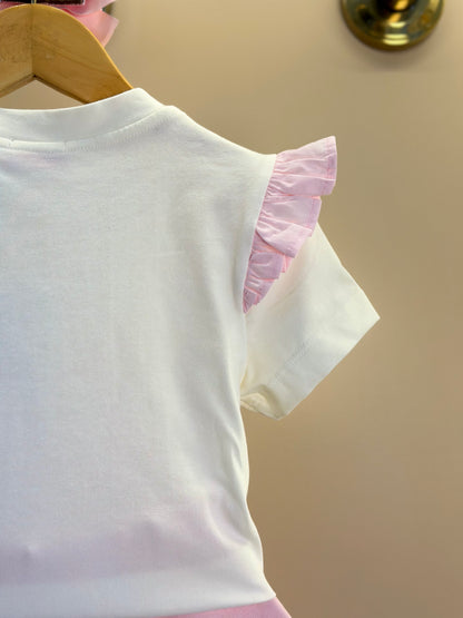 Conjunto Infantil Blusa Algodão Cotton Floral  Strass e Shorts Moletocotton Babadinho Rosa - Luluzinha