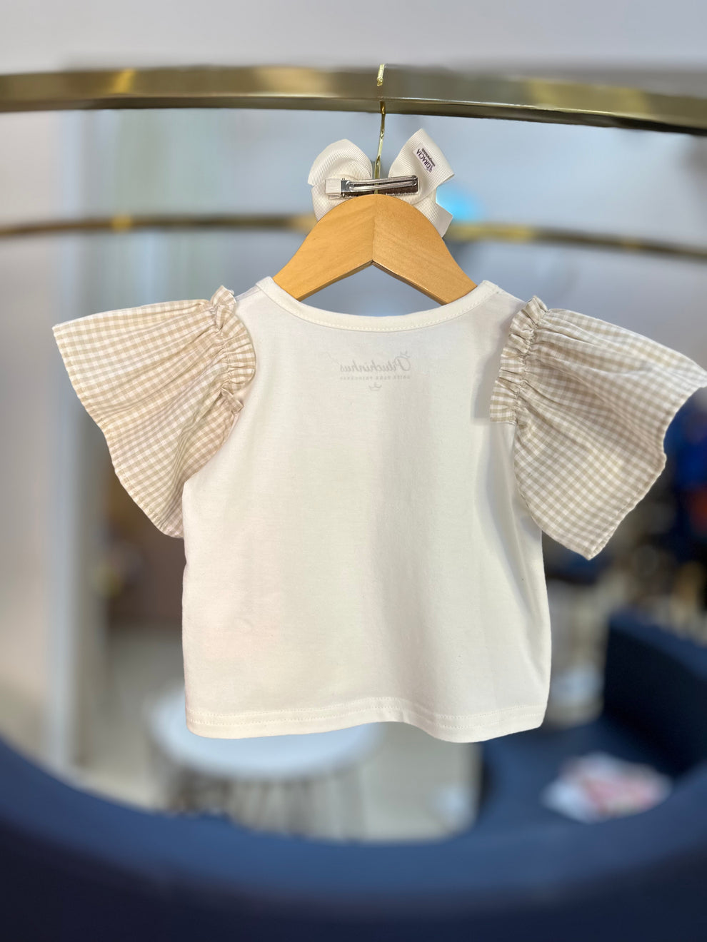 Conjunto Infantil Blusa Love Bordado Mangas Xadrez e Shorts Bordados Pérolas e Cristais - Pituchinhus