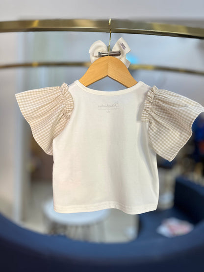 Conjunto Infantil Blusa Love Bordado Mangas Xadrez e Shorts Bordados Pérolas e Cristais - Pituchinhus