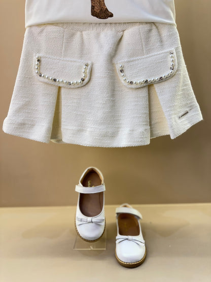 Conjunto Infantil Blusa Cotton Menina Love Off White e Saia-Shorts Bouclé Pérolas - Pituchinhus