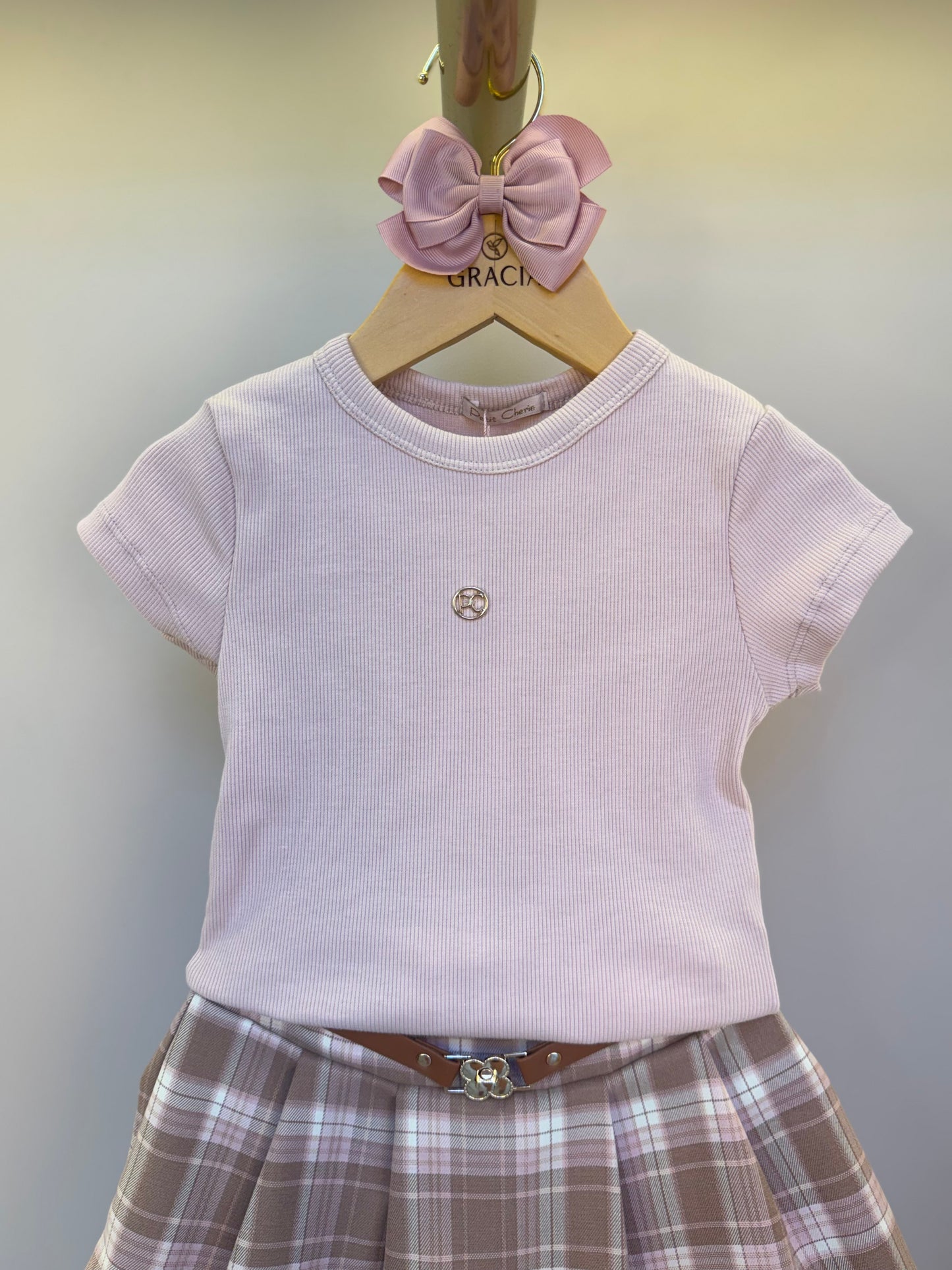 Conjunto Infantil Alfaiataria Blusa Algodão Rosa e Saia Xadrez - Petit Cherie