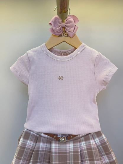 Conjunto Infantil Alfaiataria Blusa Algodão Rosa e Saia Xadrez - Petit Cherie