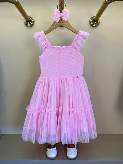 Vestido Infantil Tule Tomas e Plissado Rosa - Petit Cherie