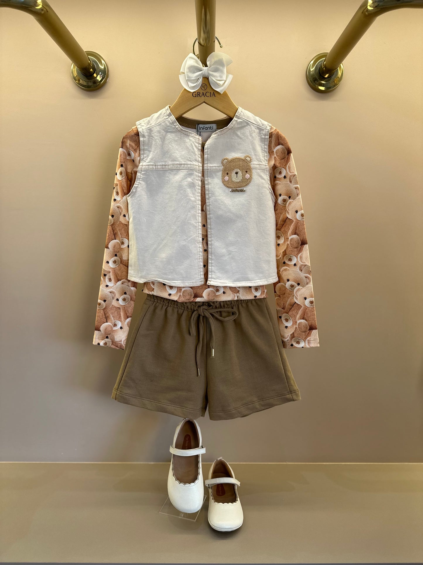 Conjunto Infantil Trio Blusa Ursinhos, Colete Sarja com Elastano e Shorts em Moletom s/ Pelúcia - Infanti