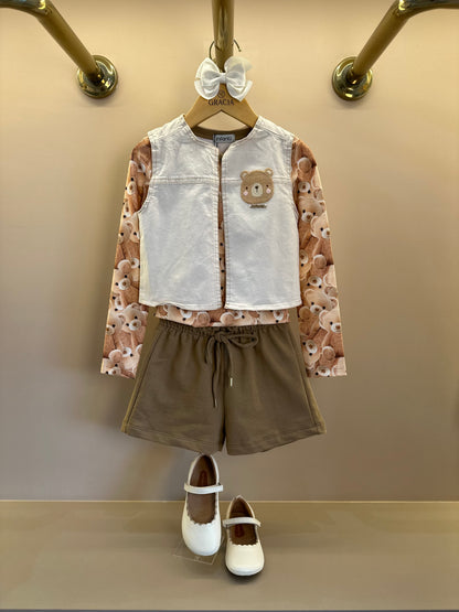 Conjunto Infantil Trio Blusa Ursinhos, Colete Sarja com Elastano e Shorts em Moletom s/ Pelúcia - Infanti