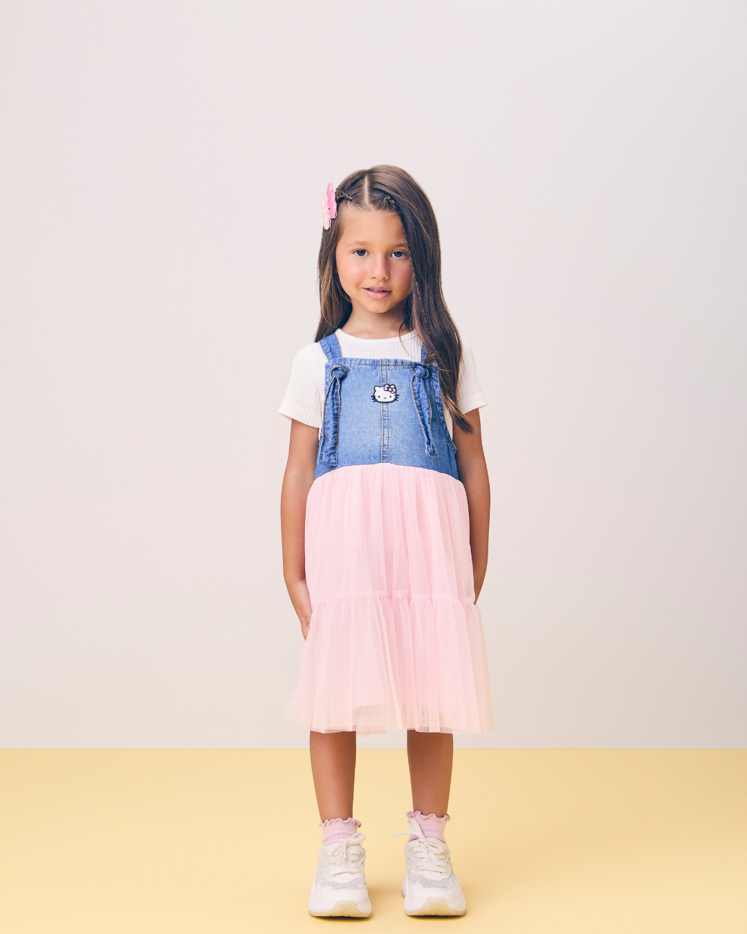 Vestido Infantil Jeans com Tule Rosa Hello Kitty - Momi