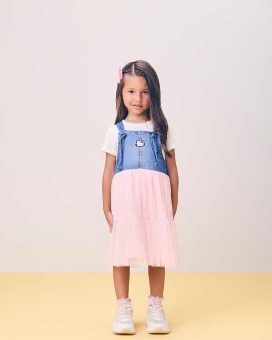 Vestido Infantil Jeans com Tule Rosa Hello Kitty - Momi