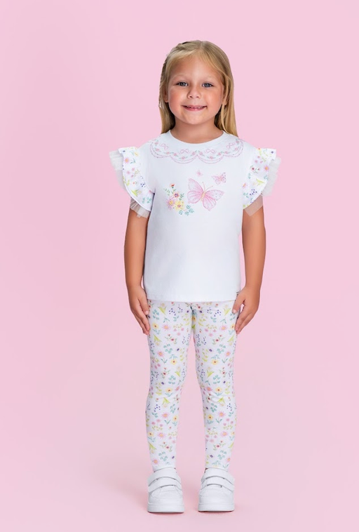 Conjunto Infantil Branco com Blusa de Borboleta, Babados nas Mangas e Legging Floral Colorida - Petit Cherie