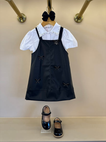Conjunto Infantil Camisa Branca Gola Cristais e Salopete Like Leather Preta - Gabriela Aquarela
