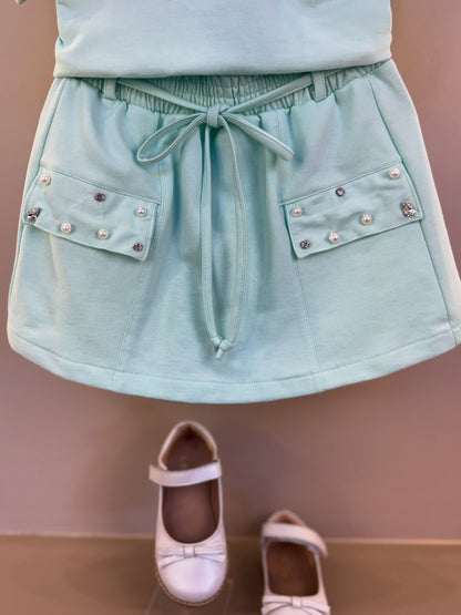 Conjunto Infantil Short  Com Cinto  E Blusa Turquesa Com Bolsos Bordados  Verde - Gabriela Aquarela