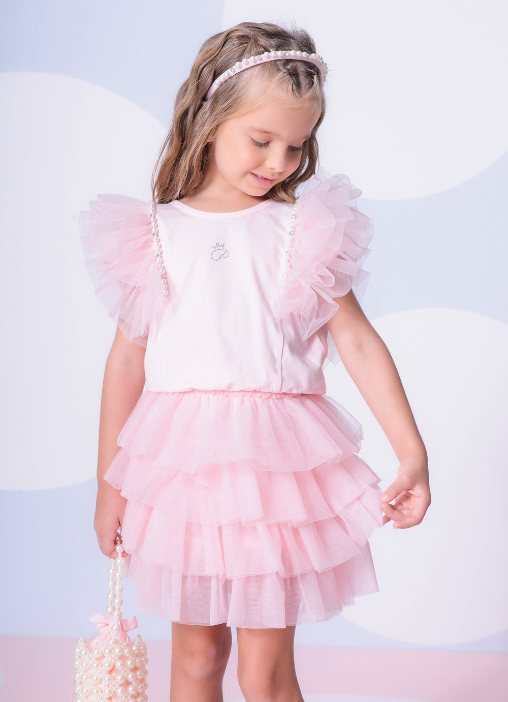 Conjunto Infantil Blusa Tule Bordado e Saia Babados Rosa Gelado - Pituchinhus