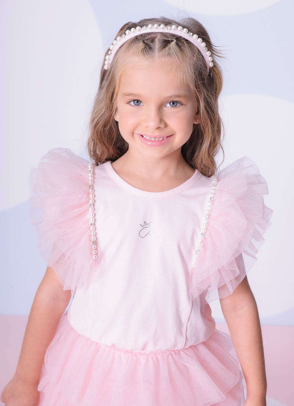 Conjunto Infantil Blusa Tule Bordado e Saia Babados Rosa Gelado - Pituchinhus