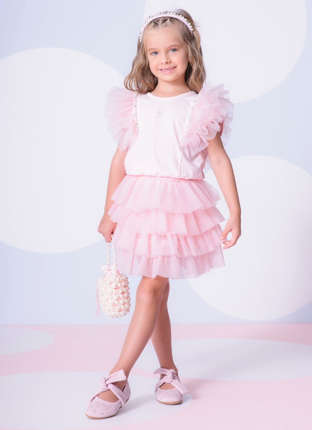 Conjunto Infantil Blusa Tule Bordado e Saia Babados Rosa Gelado - Pituchinhus