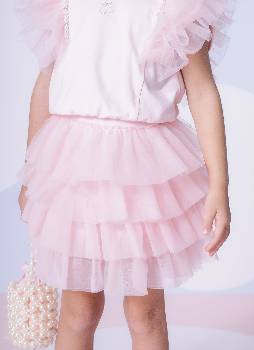 Conjunto Infantil Blusa Tule Bordado e Saia Babados Rosa Gelado - Pituchinhus
