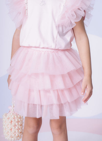 Conjunto Infantil Blusa Tule Bordado e Saia Babados Rosa Gelado - Pituchinhus