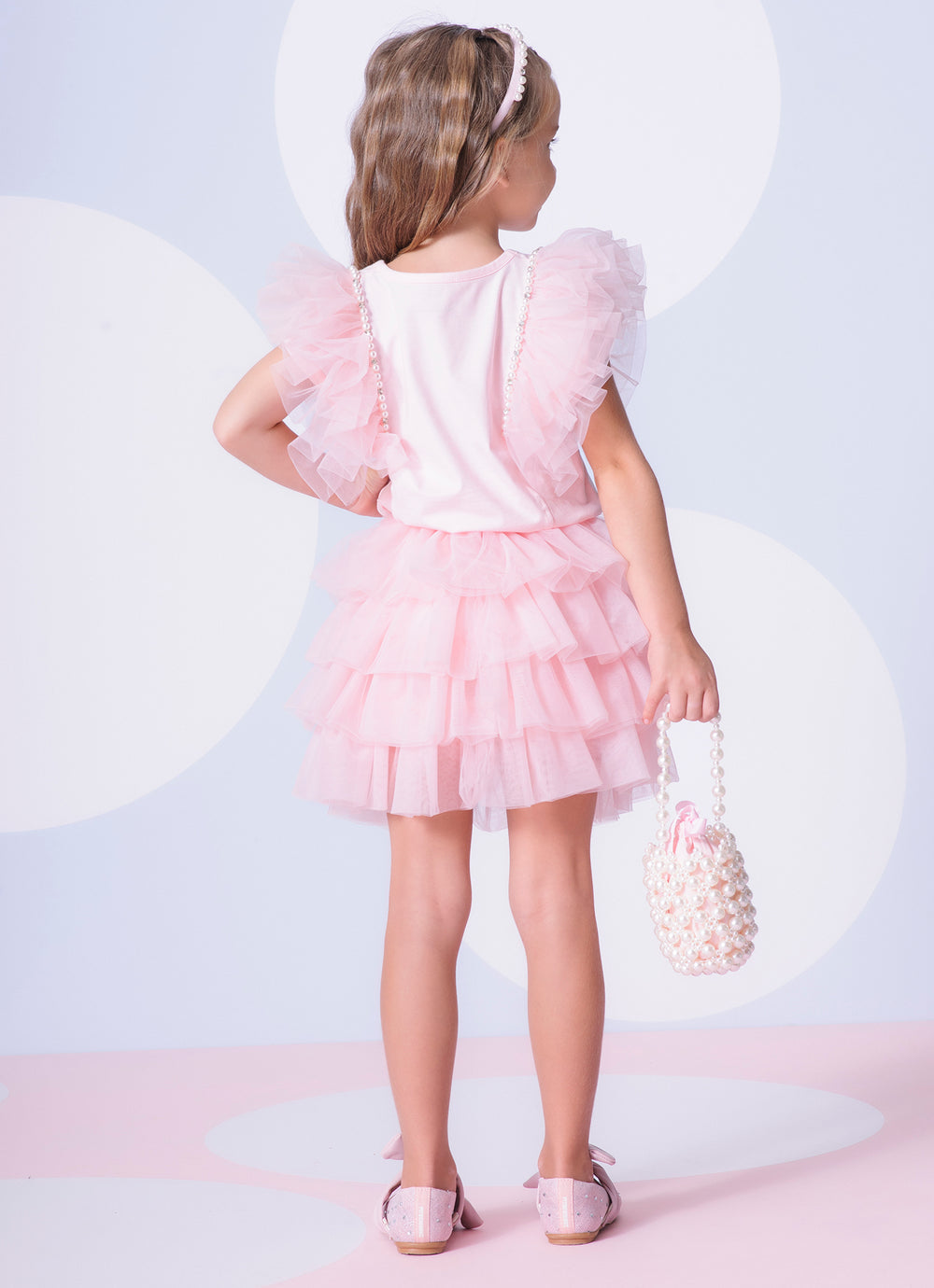 Conjunto Infantil Blusa Tule Bordado e Saia Babados Rosa Gelado - Pituchinhus