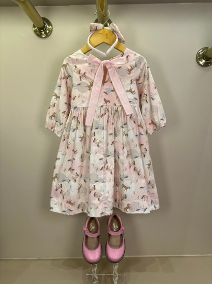 Vestido Infantil Algodão Estampa Cavalinhos e Poá Bolsos Rosa - Pituchinchus