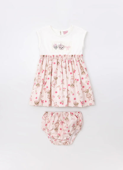 Vestido Bebê Algodão Listrado e Saia com Calcinha Flores & Ursinhas - Pituchinhus
