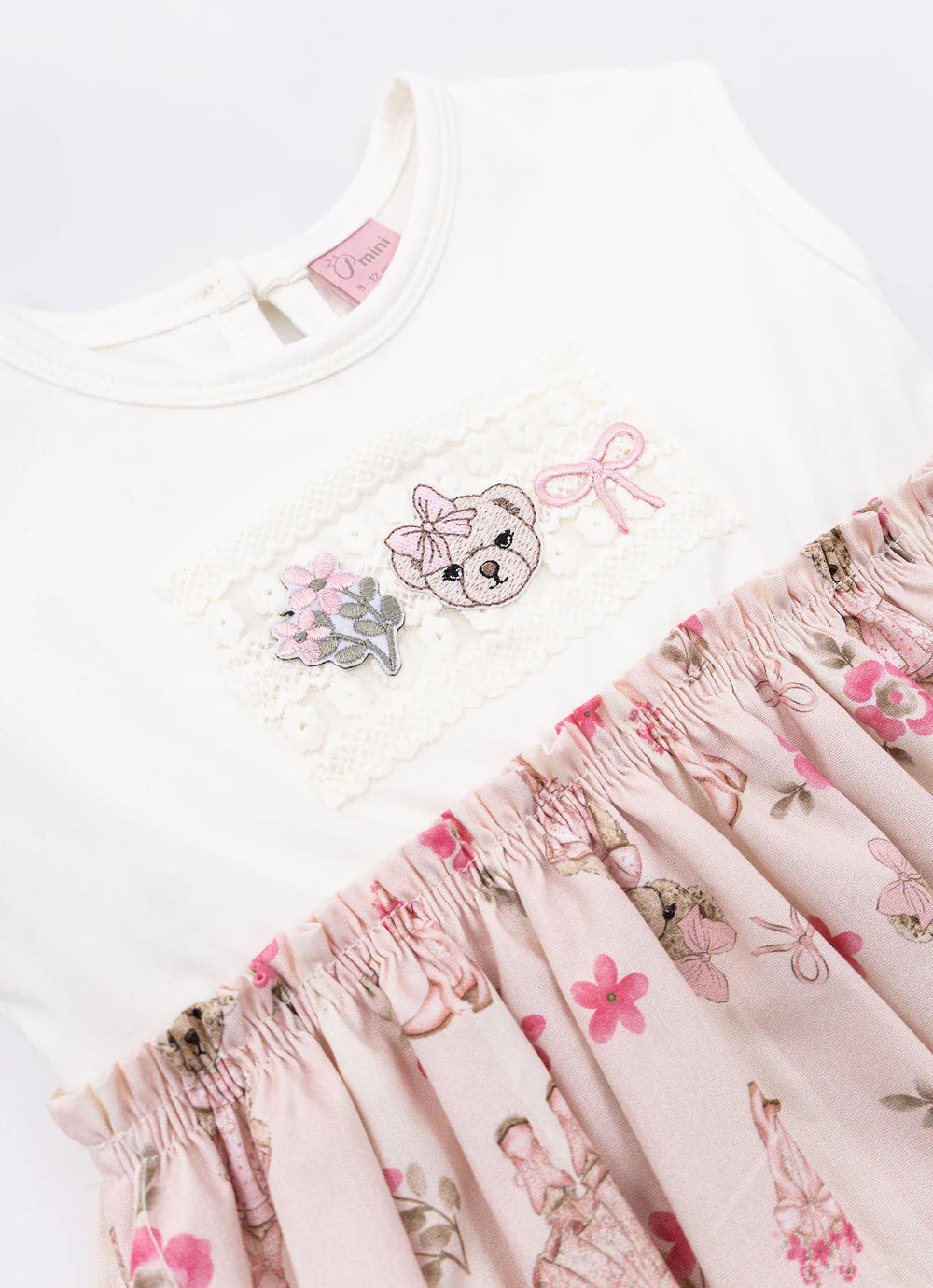 Vestido Bebê Algodão Listrado e Saia com Calcinha Flores & Ursinhas - Pituchinhus