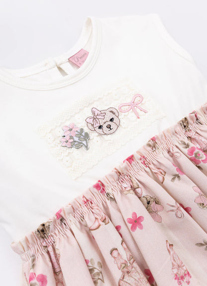 Vestido Bebê Algodão Listrado e Saia com Calcinha Flores & Ursinhas - Pituchinhus