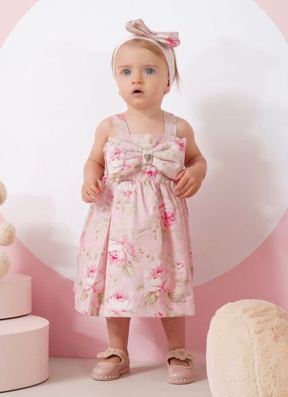 Vestido Bebê Algodão Laço Puffer com Calcinha Maxi Rosas - Pituchinhus