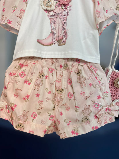 Conjunto Infantil Blusa Flores Crochê e Shorts Flores & Ursinhas - Pituchinhus