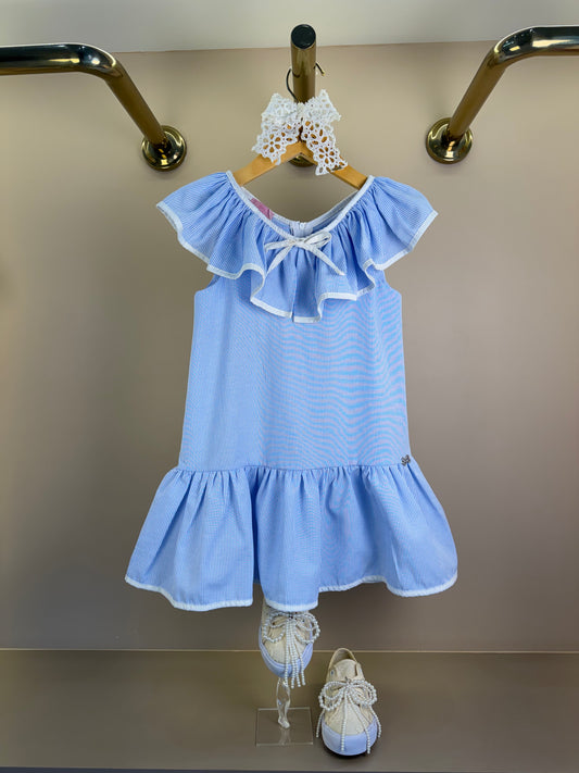 Vestido Infantil Trapezio Listrado com Babados e Franzidos - Luluzinha