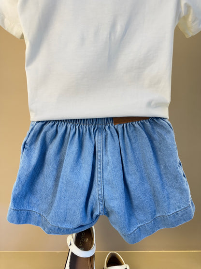 Conjunto Infantil Blusa Limões Com Strass e Shorts Saia Jeans Com Pregas - Momi